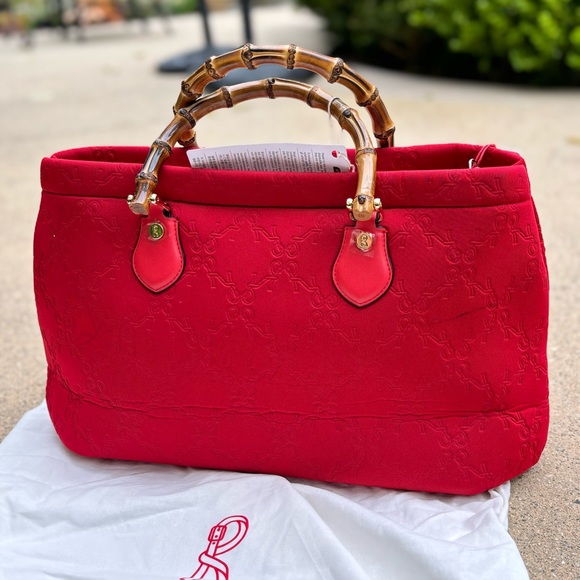 Roberta di Camerino Red Tote with Bamboo Handles Monogram Design - Picture 16 of 16